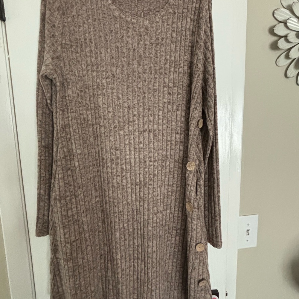 Rib-Knit Button-Side Long Sleeve Dress — Taupe